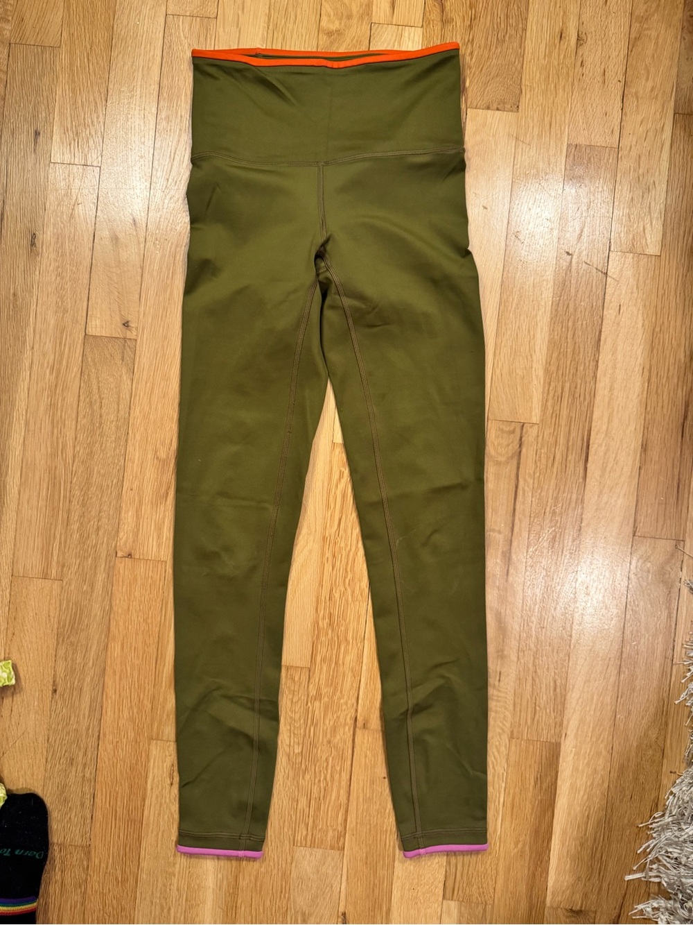 cotopaxi Olive Green Leggings with Orange Waistband and Pink Trim